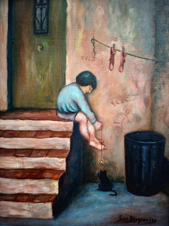 Image 1 of Cuadro Óleo sobre lienzo firmado (1970-1980) - Niño descalzo y gato negro - Decoración 