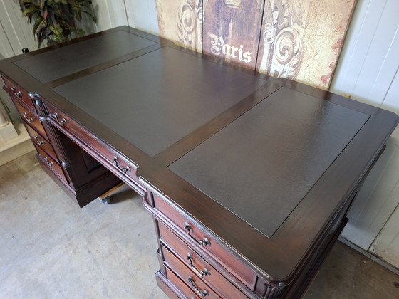 Image 1 of Classic double-sided desk, writing table, partner desk, with leather inlay, dimensions: 180x90cm and 79cm high.