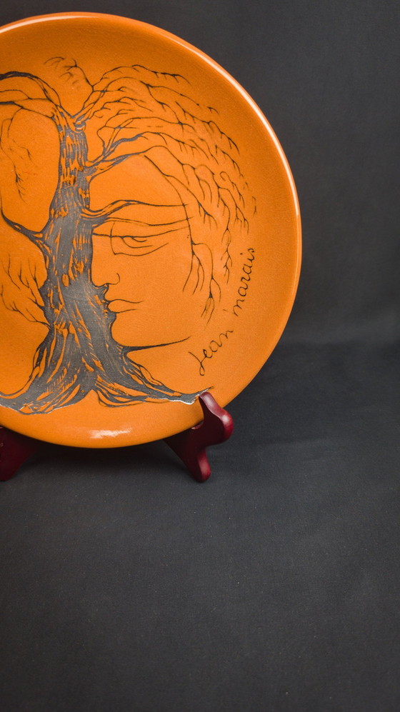 Image 1 of Assiette En Céramique Vernissée Signée Jean Marais Visage & Arbre Vallauris