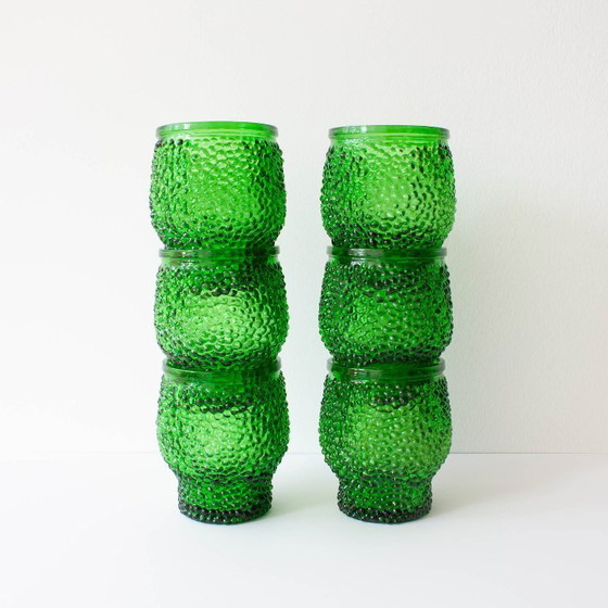 Image 1 of Vintage Green Set of 6 Cocktail bubble glasses, ice bucket and ice clamps, 1970's