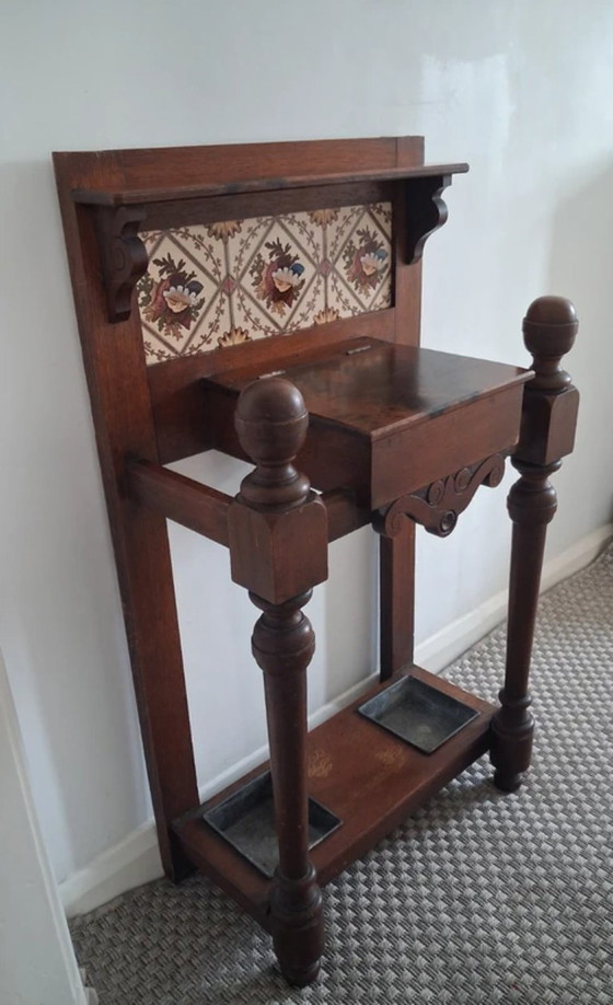 Image 1 of Unique Antique Victorian Oak Hall Stand - Umbrella & Stick Stand with original Floral Tiles