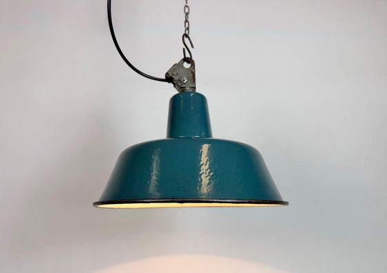 Image 1 of Industrial Petrol Enamel Factory Lamp with Cast Iron Top, 1960s