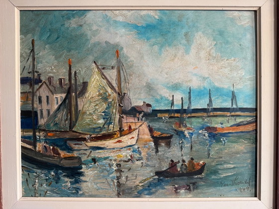 Image 1 of Impressionistische Hafenansicht, 1949, Öl auf Holz.