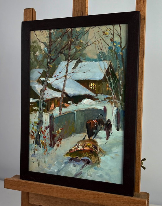 Image 1 of Original Oil Painting Snow Village Landscape Home on a winter evening