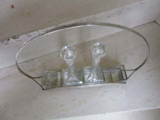 Essig- und Ölständer, versilbert und aus Kristallglas, Jugendstil, Vintage