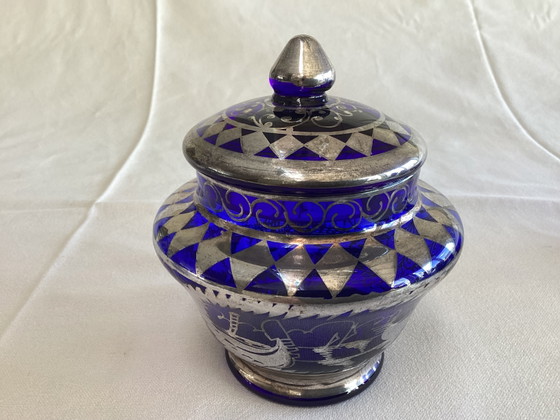 Image 1 of Zeldzaam Italiaans kobaltblauw glazen koffie- en likeurservies met zilverdecor – 21-delig – ca. 1950-1970