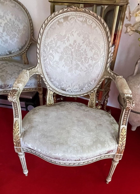 Image 1 of Louis Seize seating group: sofa, 4 chairs, table