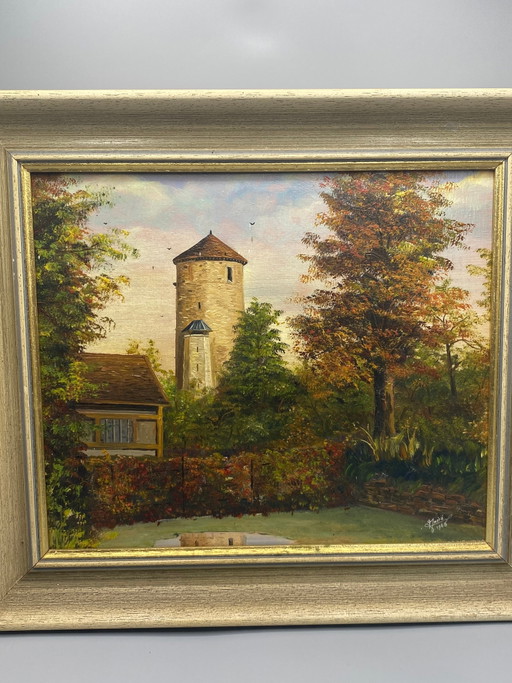 Oil on canvas signed J. André 1968, autumnal landscape with medieval tower – decoratieve objecten, Wood, Gold (photo 2 of 8)