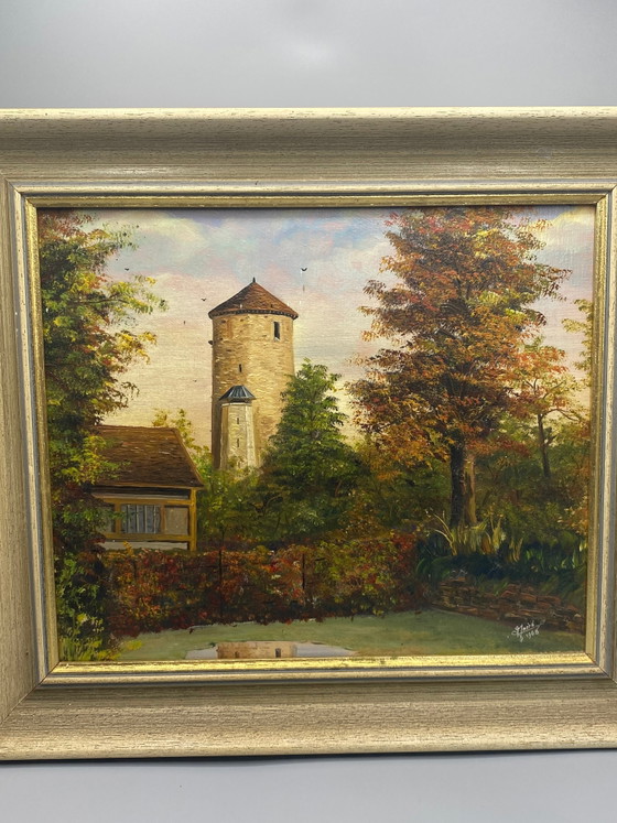 Oil on canvas signed J. André 1968, autumnal landscape with medieval tower – Decorative Objects, Wood, Gold (photo 2 of 8)