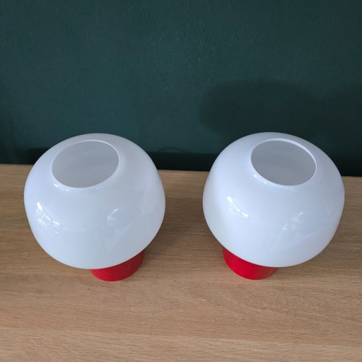 Set of two Foscarini Doll table lamps - red plastic & white glass. Italian design.