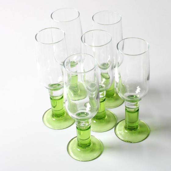Image 1 of Set of 6 Vintage Limoncino Sherry Glasses / Green Sorbetto Stemware / Bormioli Rocco / Italy / 1970s