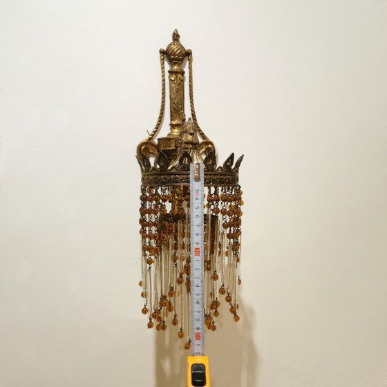 Image 1 of PAIR OF ART NOUVEAU BRASS LAMPS / WALL SCONCES WITH BEADS