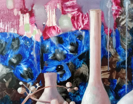 Original Oil Painting Abstract Vases Bottles Flowers Still Life – Paintings & Drawings, Canvas (photo 6 of 10)