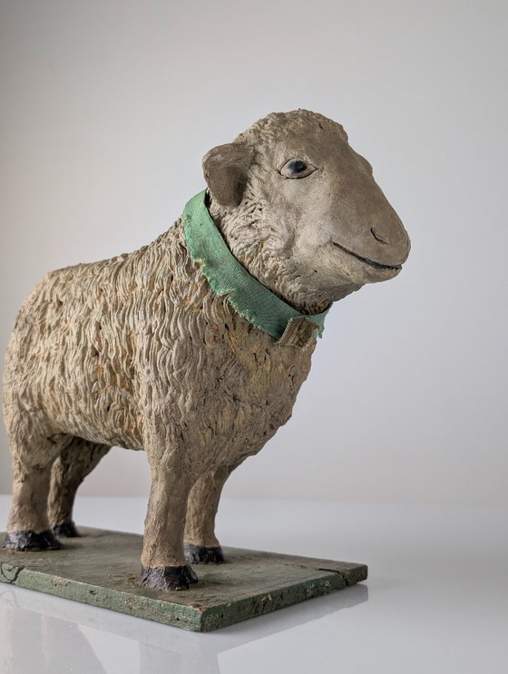 Image 1 of Pair of Large Stucco Sheep Sculptures, Early 20th Century, Farm Animals