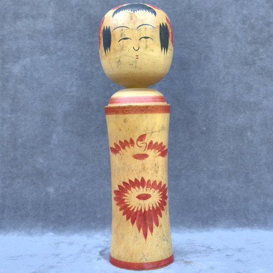 Image 1 of Authentic vintage handmade Japanese kokeshi doll 12.20 inch with floral decor 31 cm home decor signed collectible piece