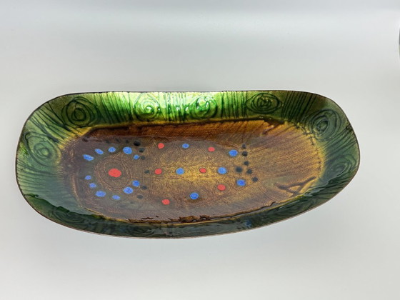 Image 1 of Large mid-century Italian Copper Bowl with Bright Enamel Decorations in warm and vibrant colors by Studio Laurana, Pesaro Italy