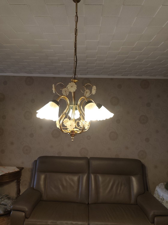 Bellissimo lampadario vintage a 5 bracci – Illuminazione, Vetro, Metallo (photo 4 of 7)
