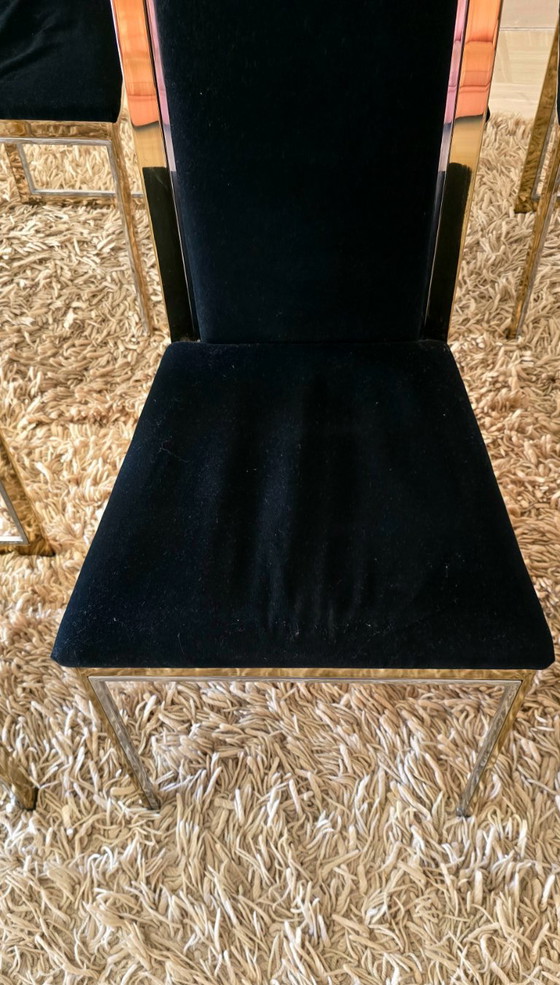 Set aus 8 Esszimmerstühlen aus Messing, Chrom und schwarzem Samt, Maison Roméo, um 1970 – Textile (photo 6 of 14)