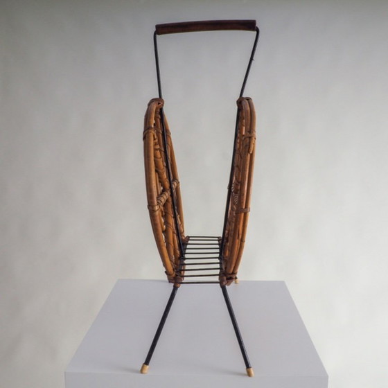 Image 1 of Mid Century Round Rattan Magazine Holder