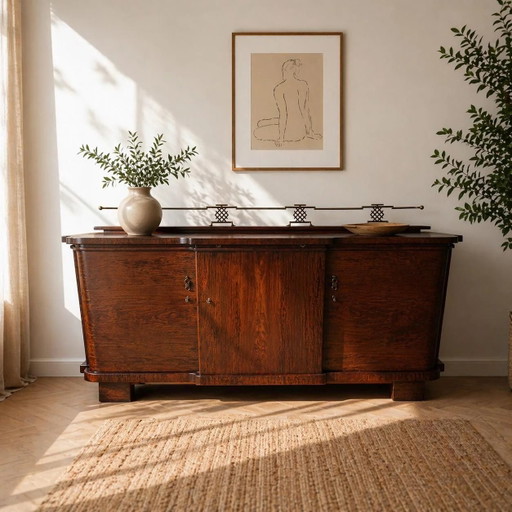 Seltenes Art Deco Sideboard (1930er) – Mahagoni mit architektonischer Messingkrone & ausziehbarer Marmorplatte mit Etikett!