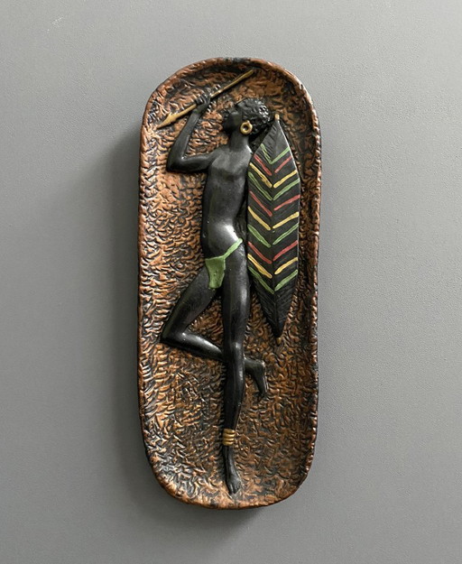 Plaster tile with African warrior 1960s