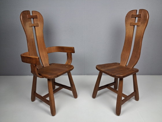 Set van 8 Vintage Brutalistische Stoelen De Puydt, Jaren 60 - 70 – Merk onbekend, Eetkamerstoelen, Wood (photo 9 of 10)