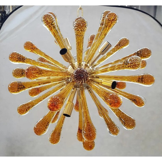 Image 1 of Lustre Sputnik en verre de Murano avec structure dorée et pampilles d'ambre
