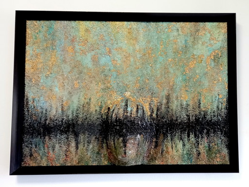 Abstract 3D Painting Gold Leaf Canvas Stretcher Blind Side