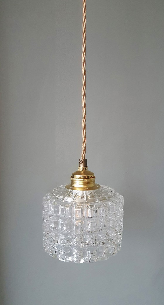Image 1 of Mid-century vintage pendant lamp of thick, textured glass.
