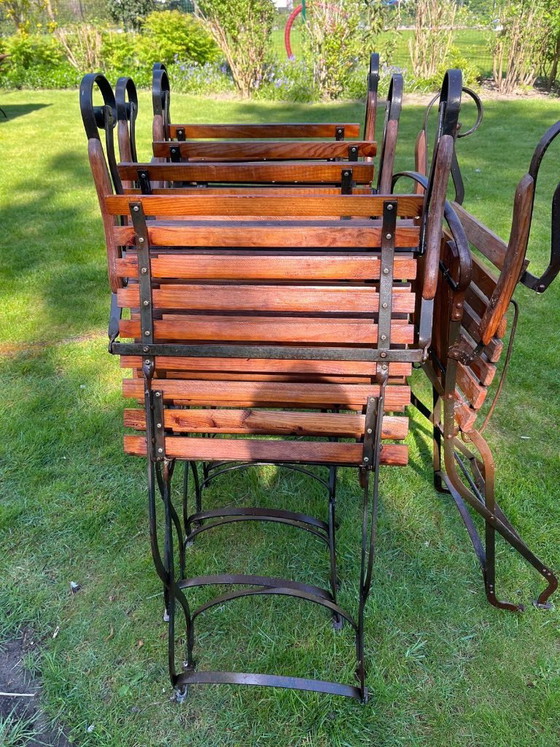 Image 1 of Set Art Nouveau tuinmeubelen in hout en smeedijzer - tafel en 6 stoelen