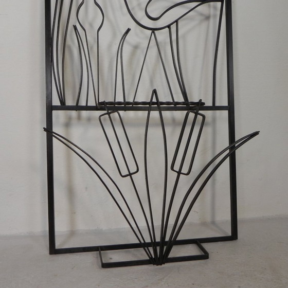 Steel standing wall coat rack with bird motif, 1950s, Metal, Glass, Black, Mid Century Modern (photo 4 of 10)