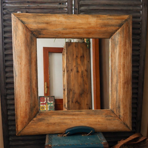 Espejo vintage madera maciza 62x62 | marco ancho veta natural | decoración pared vintage rústic chic /nórdica / farm house