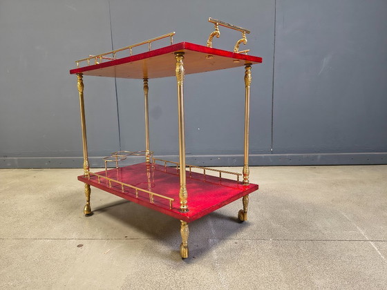 Image 1 of Rare chariot de service italien en cuir de chèvre laqué et parchemin, signé Aldo Tura, années 1960