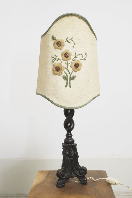 Vintage Carved Wood Barley Twist Lamp with Hand Embroidered Floral Shade and Acanthus Leaf Tripod Feet
