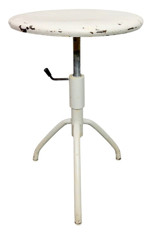 White Industrial Iron Height Adjustable Stool, 1960s