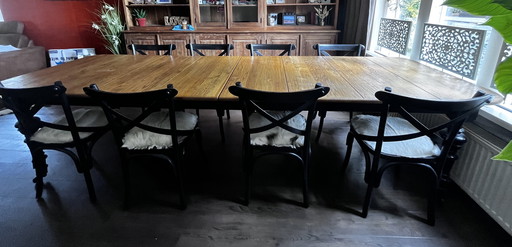 Vintage Long Dining Table With 8 Cafe Chairs