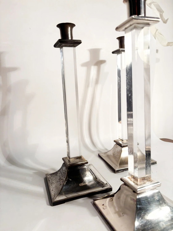 Set of 3 1970s Plexiglass and Silver-Plated Metal Candle Holders – Decorative Objects (photo 3 of 12)