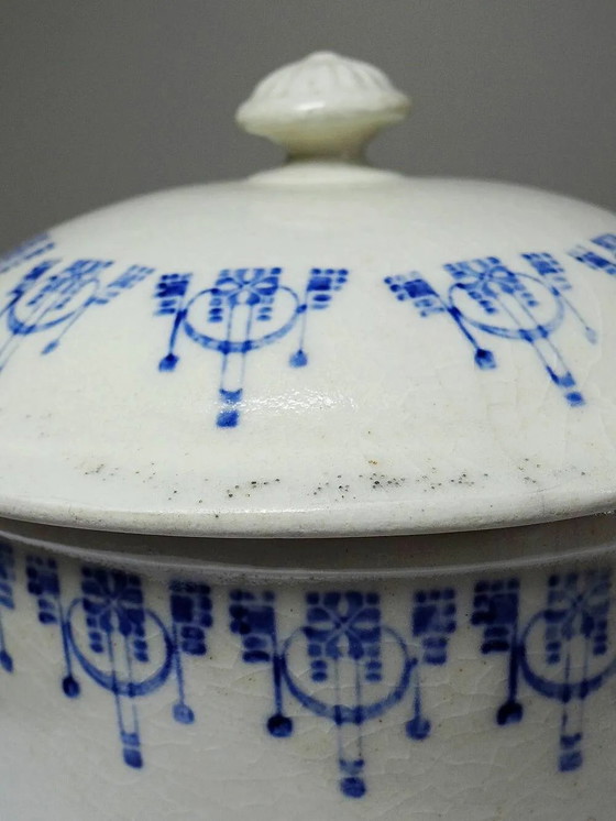 Vecchia casseruola in terraglia smaltata con decoro blu St Uze., Stoviglie, Porcellana, Art Deco (foto 9 di 13)