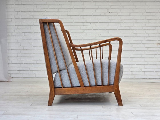 Image 1 of 1950s, Scandinavian 2-seater sofa, reupholstered, furniture wool, oak.