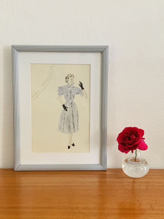Image 1 of Mid-Century, Signed, Framed, “Robe Ecossaise” Pencil Sketch on Paper by Berthe Duquaine, 1950's