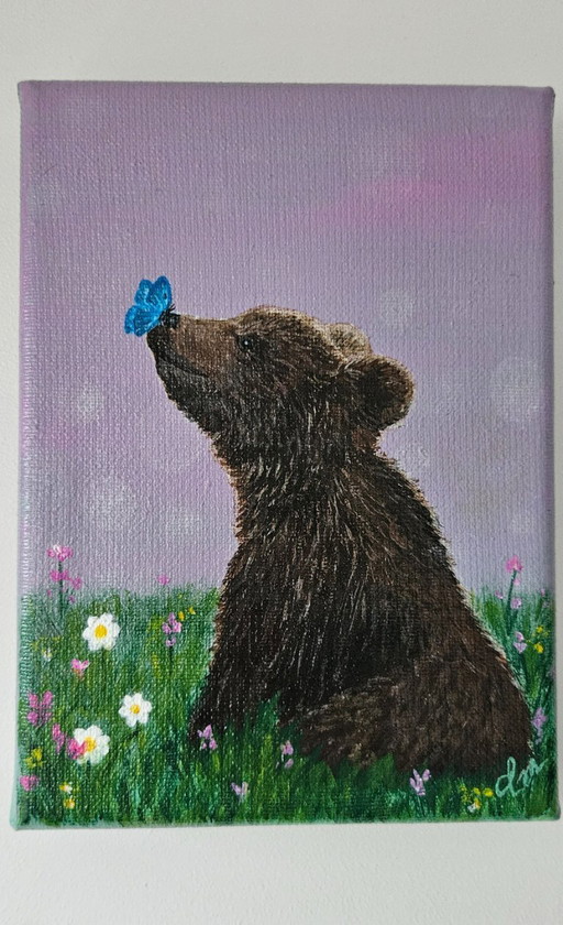 Handmade acrylic painting of a baby bear with a butterfly on its nose