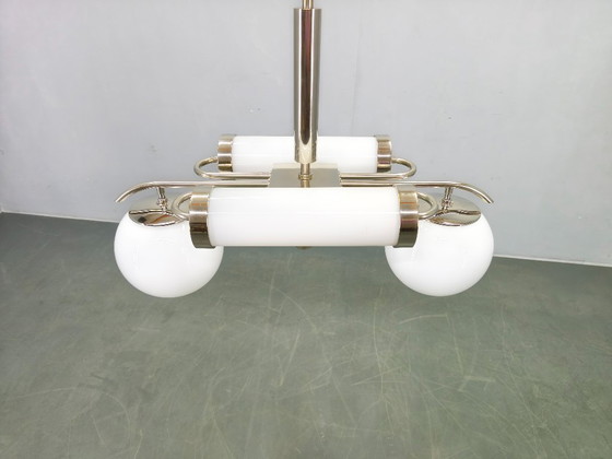 Image 1 of Exceptional Bauhaus Chrome Chandelier with Glass Shades, 1930s