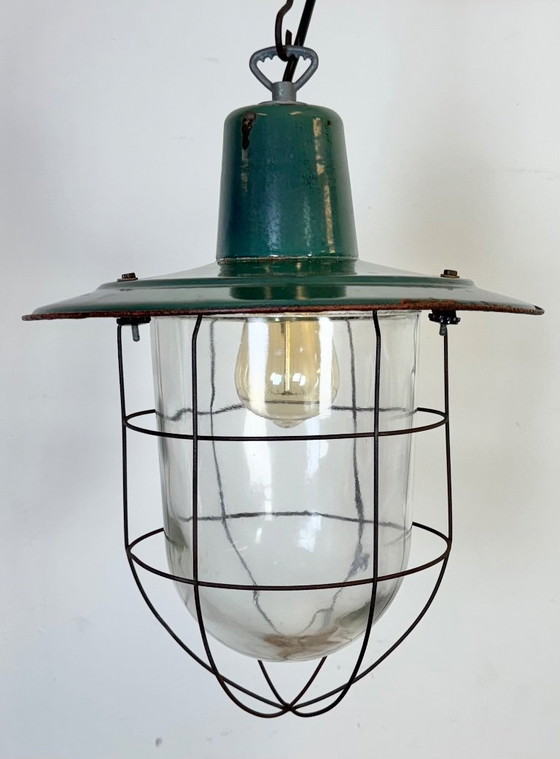 Image 1 of Industriële groene emaille kooi hanglamp, jaren 60