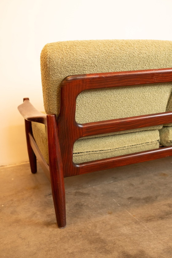 Image 1 of Vintage Deense teakhouten 3-zitsbank met nieuwe mosgroene bouclé bekleding