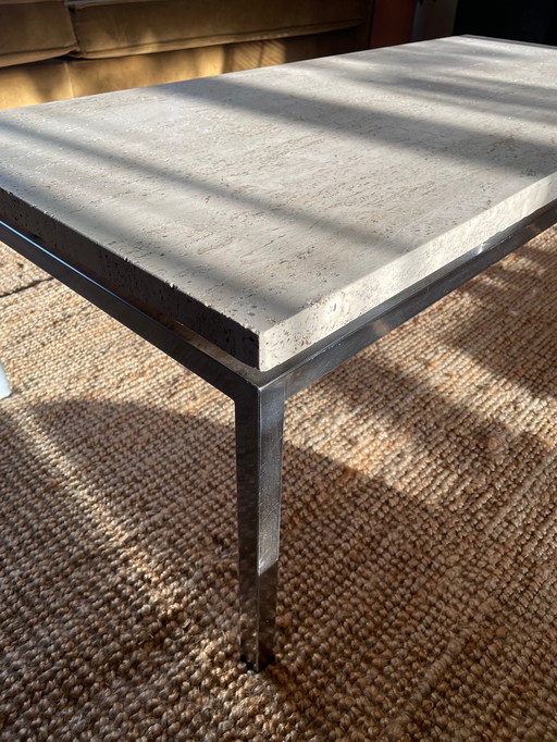 Table basse en travertin avec cadre en chrome