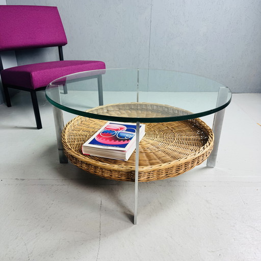 Salontafel jaren 70 glas/chroom/riet