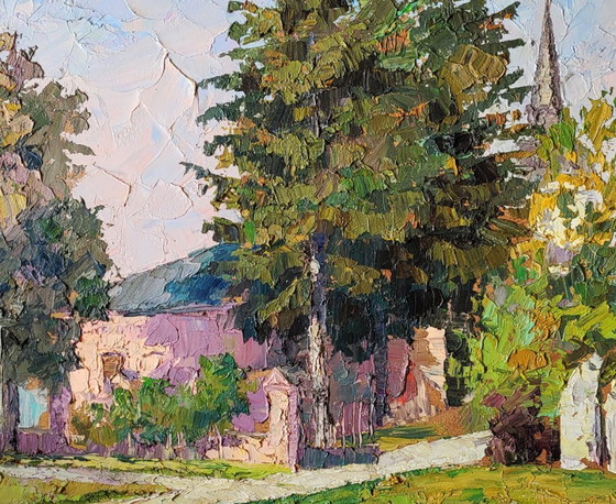 Image 1 of Original Oil Painting Cityscape House Garden Entrance to the Beautiful City