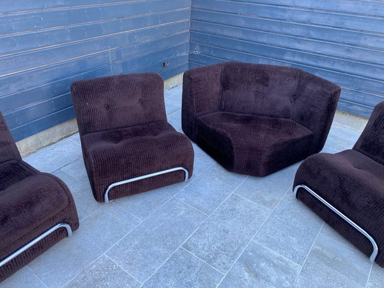Image 1 of Divano da salotto modulare poltrona poggiapiedi stile Bauhaus in velluto a coste marrone e cromo vintage 1970