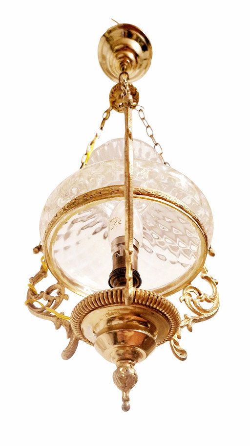 Lampada a sospensione d'epoca in ottone e vetro - Stile classico francese - Anni '60
