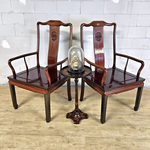 Set of Vintage Cherry Wood Chinese Armchairs / Asian / Bohemian Dining Table Chairs